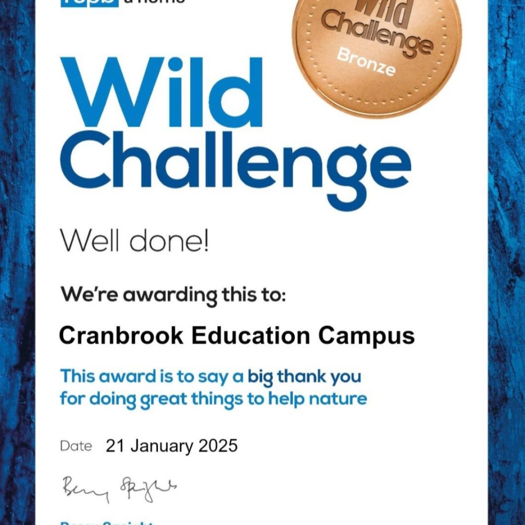 Cranbrook Education Campus Prestigious Award for Wildlife Conservation from the RSPB certificate