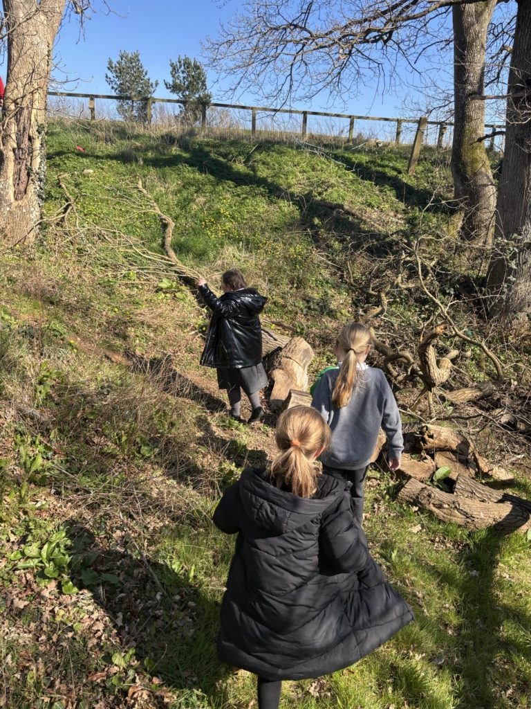 Children playing in the forest, walking up a green hill