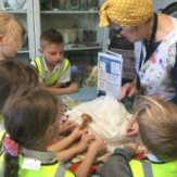 Children in yellow high vis jackets crowded round a museum employee showing them materials