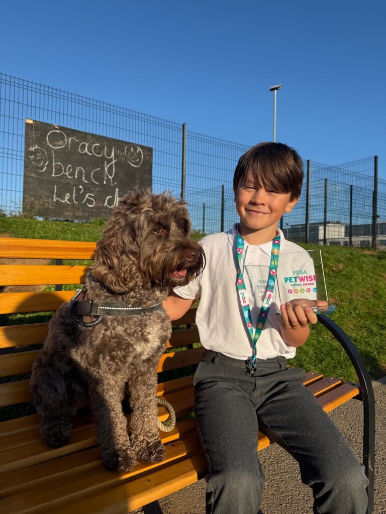 Students sat on a bench with a brown cockapoo dog next to him