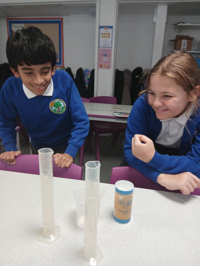 Two students smiling looking at test tubes as part of science experiment