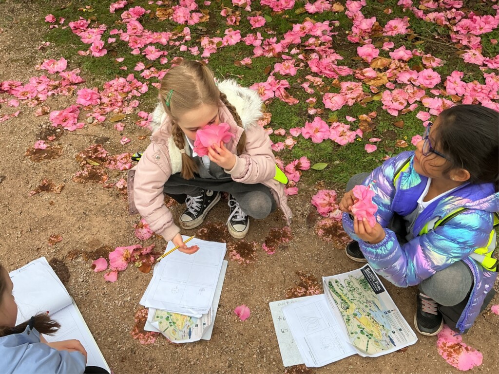 Students looking at and smelling flowers.