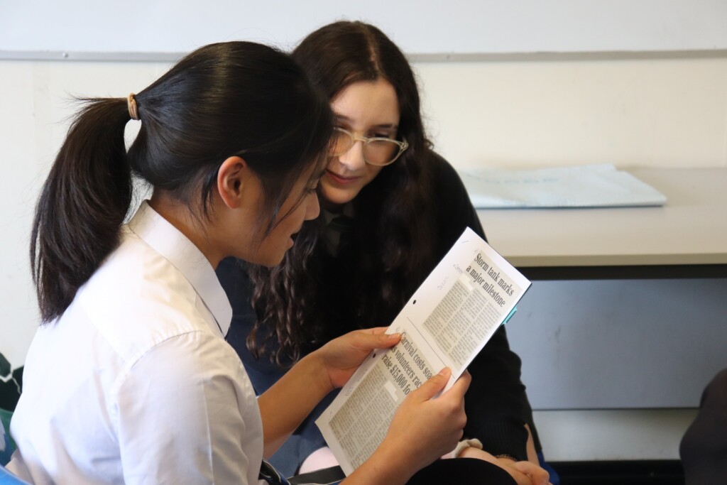 Students practicing recording news.