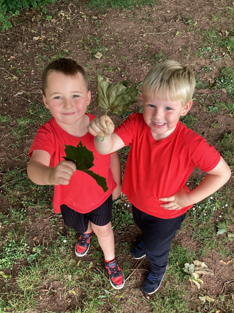 Two pupils holding leaves up to the camera